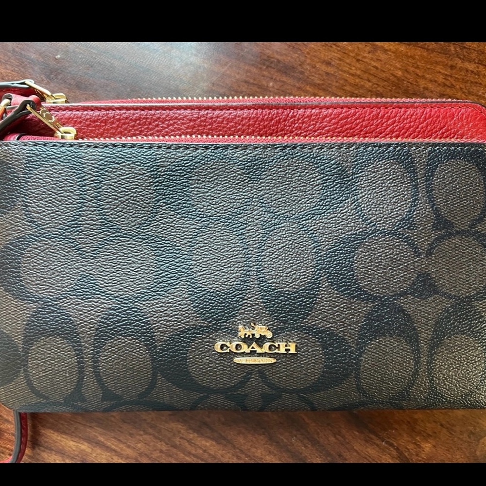 Coach Brown and Red Signature Wristlet